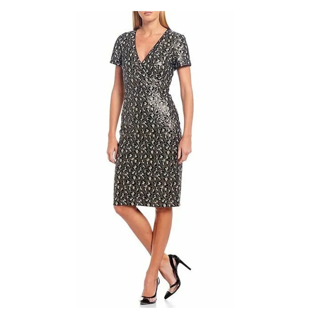 Belle Badgley Mischka Leopard Sequin Sheath Dress Womens 10